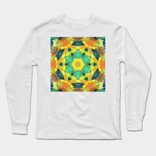 Mosaic Mandala Flower Green Yellow Orange and Blue Long Sleeve T-Shirt